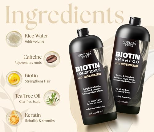SOULSPA PURE Biotin Rice Water Shampoo & Conditioner Set - 16 fl oz Each, Strengthens Fragile Hair