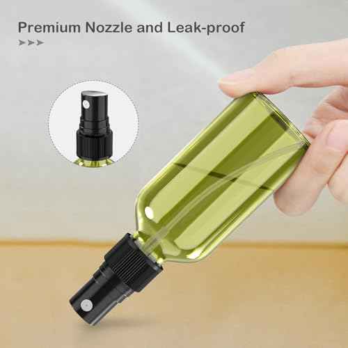 Wedama 2 oz Mini Glass Spray Bottles, Empty Small Spray Bottles with Funnel Dropper, Fine Mist for Hair, Travel, Plants, Cleaning Solutions and Skin Care (4 Pack Olive Green)