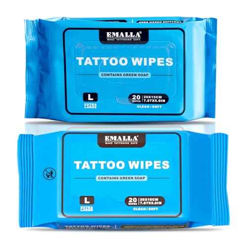 Emalla Green Soap Tattoo Wipes, 40 Count L All in One Premium Cleaning Wipes to Clean Skin During Tattooing and Aftercare 7.87"x5.9" Natural Formula Tattoo Supplies (2 Pack)