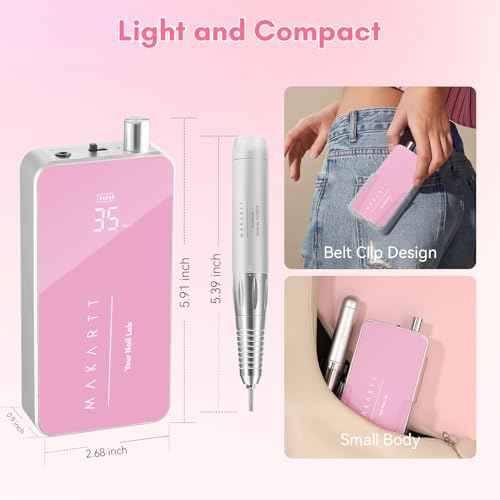 Makartt Nail Drill Professional: 60W 35000RPM Electric Nail File with Coreless Motor, 2 in 1 Desktop & Portable, Drill Bits and LCD Display for Acrylic Gel Nails, Nouvella Pink