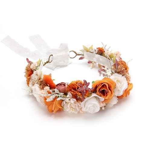 Burnt Orange Flower Crown for Girls Autumn Wedding Floral Holo Hair Headpiece Bridal Fall Wreath Young Bridemaid Crown Garland Photo Prop Headband