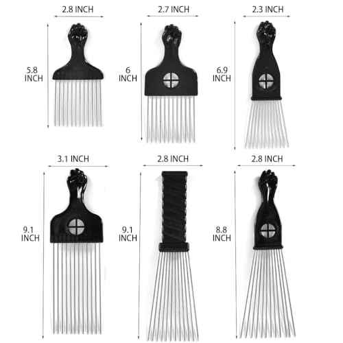 6 Pack Curly Afro Hair Metal Hair Picks, Metal Tool Hair Combs for Men Women Afro Wigs (Black)