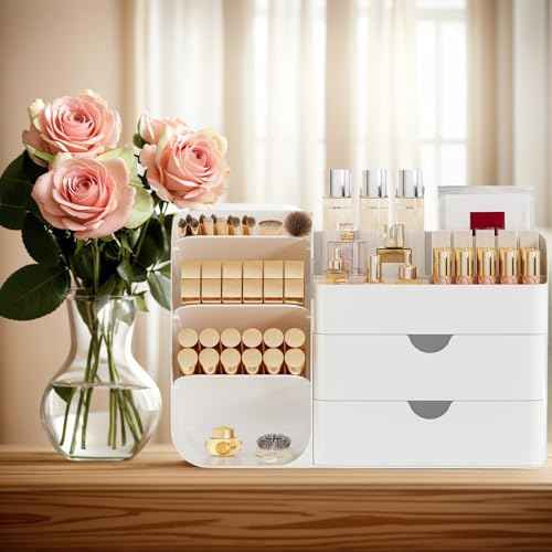 FYABREEK Makeup Organizer with 2 M Drawers & Brush Holders - Cosmetic Storage Case for Vanity, Bathroom Countertop & Desk - Skincare & Office Supplies Organizer (All White, M)