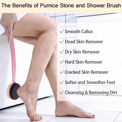 2-in-1 Pumice Stone Foot Scrubber with 13.7" Long Handle & Body Brush