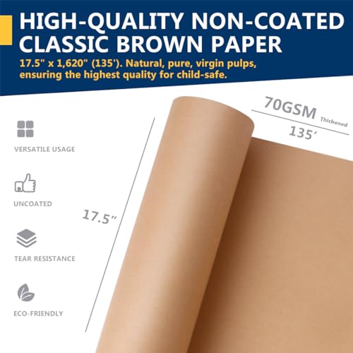 PerkHomy Brown Kraft Paper Roll 17.5" x 1,620" (135') for Gift Wrapping Bulletin Board Kids Craft Art Bouquet Flower Packing Moving Shipping Floor Covering Table 70GSM 50LB (Brown, 17.5" x 135')