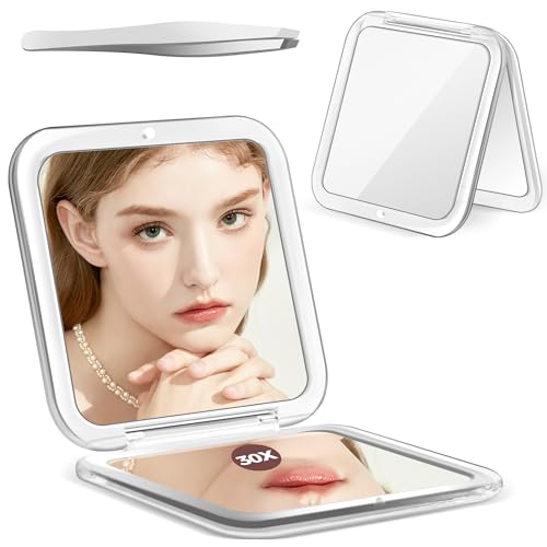 30X Magnifying Compact Mirror with Tweezers, Travel Makeup