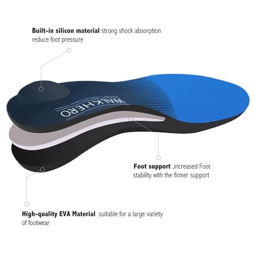 WalkHero Men’s & Women’s Arch Support Insoles for Plantar Fasciitis - Blue, Size 10-10.5 Men / 12-12.5 Women