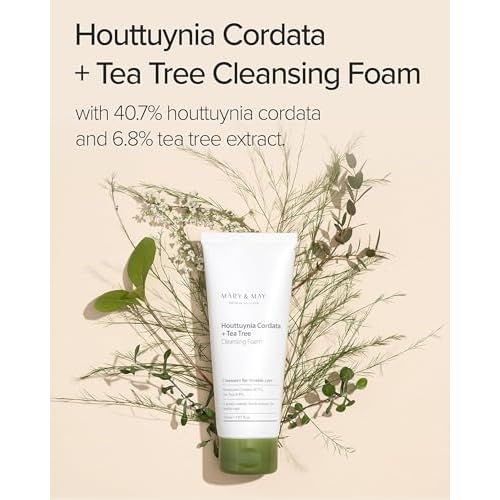 Mary&May Houttuynia Cordata + Tea Tree Deep Clean Foam (40.7% Heartleaf + 6.8% Tea Tree) ? Rich Cream Foam Pore Cleanser with Hyaluronic Acid, Korean Face Wash for Oily Sensitive Skin ? 5.07 fl oz