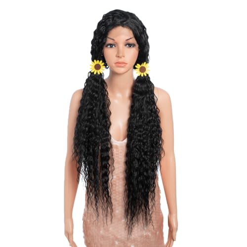 Style Icon 36¡±Super Long Curly Wig C-Shaped Side Part Lace Wig Afro Baby Hair Synthetic Black Wigs(36 inches, 1B)