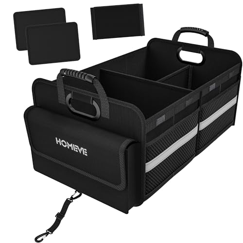 Homeve Trunk Organizer for Car, Collapsible Storage Box, Car Storage Organizer, 3 Compartment, Multi Pockets, Non Slip Strips, Adjustable Securing Straps, Black