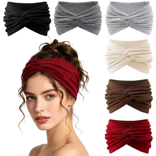 Women’s Wide Elastic Non-Slip Cotton Headbands - 6 Pack for Workout & Spa