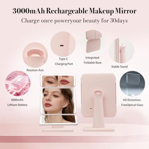 SIMETRA 15.6'' Pink Rechargeable LED Makeup Mirror with Lights & Trifold Design