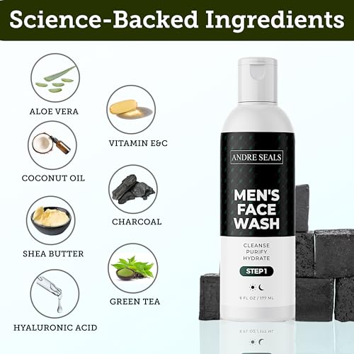 Mens Face Wash | Facial Cleanser with Activated Charcoal, Hyaluronic Acid & Green Tea | Exfoliate, Deep Pore Cleansing & Hydrating Facial Cleanser | Exfoliating Face Wash | Mens Skin Care