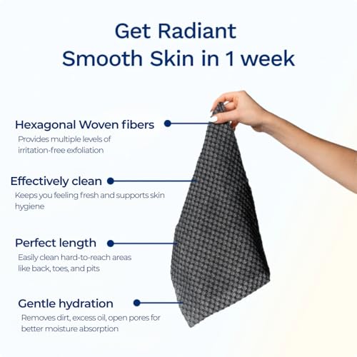 Exfoliating Washcloth Face & Body Scrub Towel - Japanese Exfoliating Towel with Hexagon Fibers, Body Scrubber with 2 Sides for Scrubbing & Washing, Extra Long Body Towels (Black)