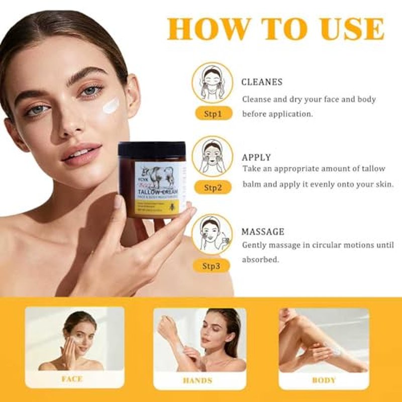 Beef Tallow for Skin,OrganicGrass-Fed Beef Tallow & Honey Balm,Deeply Hydrating Face & Body Cream with Natural Beeswax,Repairing Moisturizer for All Skin Types,Face Creams120g/4.2oz(Honey Scent)