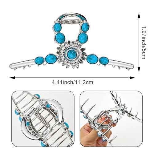 2 PACK Extra Turquoise Blue Stone Sun Hair Claw Clip, Metal Retro Style Hairpin Western Hair Clip, Nonslip Hair Accessories for Thick Hair