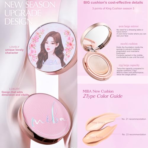 MIBA Ion Calcium Foundation Double Cushion Glow 25 g / 0.88 oz Big Cushion SEASON 3. Long Lasting Cover Effect. Moisture glow. Skin tightening relief. Smooth adhesion. (Lovely #23 Rosy Beige)