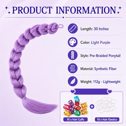 DRENVAC Light Purple 30in Braided Ponytail Extension for Cosplay & Halloween