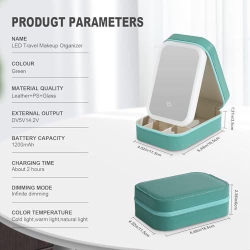 Small Travel LED Makeup Mirror Case with 3 Adjustable Color Light Settings, Dust-Proof Jewelry Box, Mini Cosmetic Train Case Ideal for Short Trips (Green)