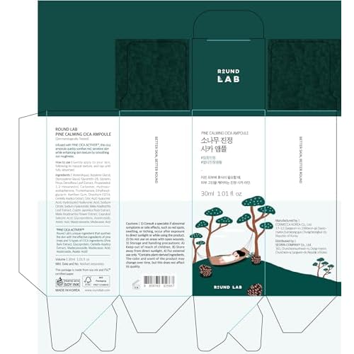 ROUND LAB Pine Calming Cica Ampoule 1.01 Fl Oz, Hydrating and Soothing Serum with Pine Cica and Hyaluronic Acid for Skin Barrier Strengthening, Gentle Exfoliation, and Deep Moisture, Korean Skincare