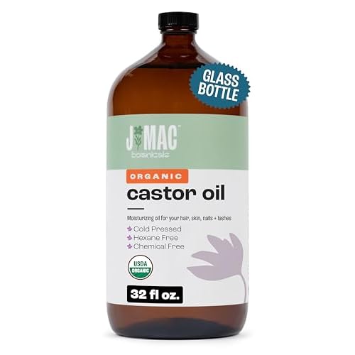 J MAC BOTANICALS, Organic Castor Oil Cold Pressed (Glass Bottle, 32 oz) pure unrefined, hexane free for face, skin, eyelashes, pack wraps, pads