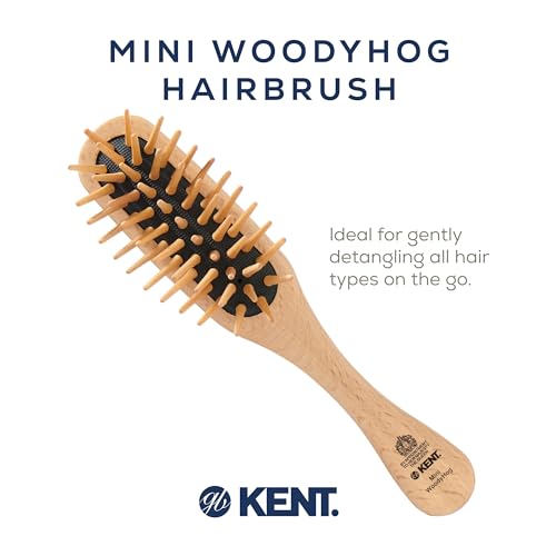 Kent KB MiniWoodyhog Travel Size Detangling Brush Beech-wood, Firm Rounded Wooden Bristles,Natural Cushion Detangler Wooden Hair Brush for Women Men and Kids Everyday Care,Made in England