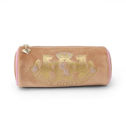 Juicy Couture Brown Makeup Bag Cosmetics Organizer Travel Essentials Cylinder Roll Gold Terroir Dog Rhinestone Crown Velour