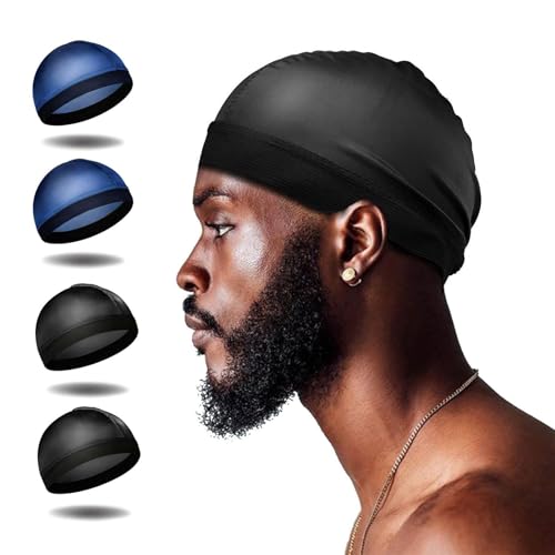 Selalu 4Pcs Silk Wave Caps for 360 Waves, Durag & Stain Cap, Men’s Hair Accessories (Black & Blue)