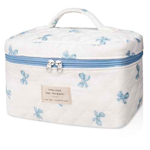 Large Makeup Bag, Cute Cosmetic Bag for Women Girls, Floral Coquette Aesthetic Toiletry Bag, Travel Make Up Organizer Bag (White Blue Butterfly Flower)