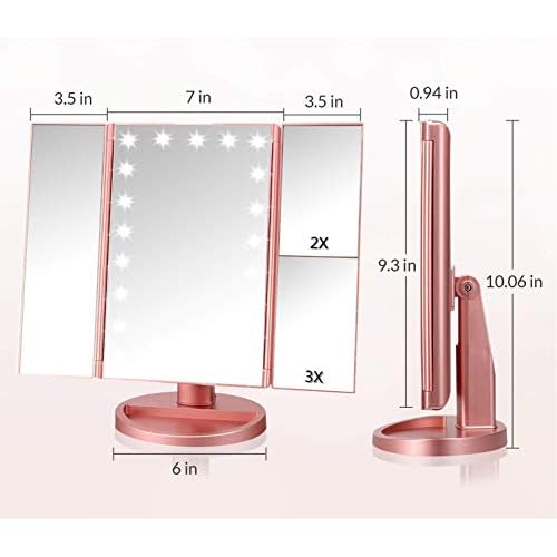 Trifold Makeup Mirror Vanity Mirror with Lights,1X 2X 3X Magnification,Touch Control,Adjustable Rotation,Dual Power Supply,Portable Travel Cosmetic Mirror,Birthday Gifts for Women,Teengirls