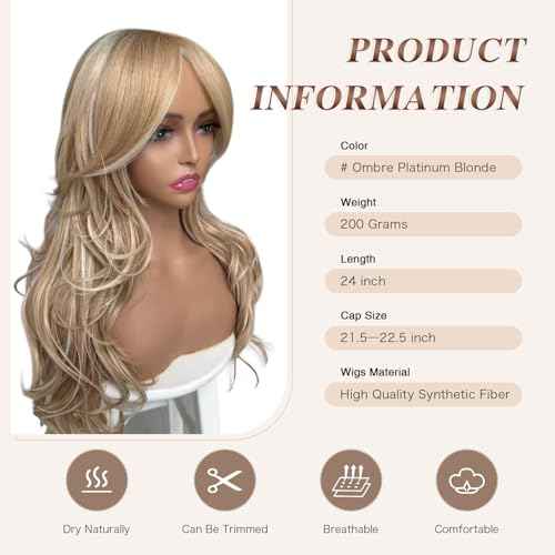 Platinum Blonde Highlight Ombre Light Brown Wig Long Wavy Layererd Wigs with Curtain Bangs for White Black Women,Synthetic Blonde Highlight Layered Wig for Daily Party Use 24Inch