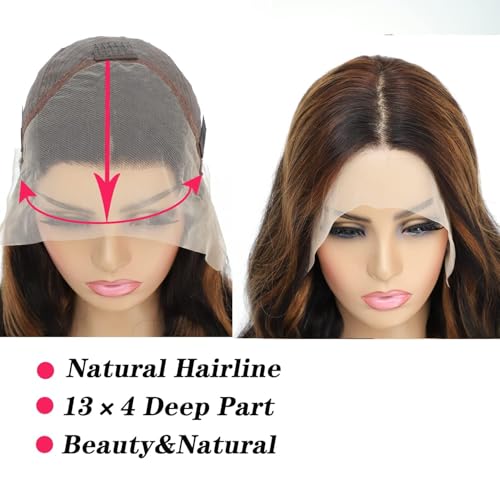 12A Highlight Ombre Body Wave Balayage 13x4 HD Lace Front Wig Human Hair 200% Density F1B/30 Lace Front Wig Human Hair for Black Women Pre Plucked (Highlight Brown, 26 Inch)