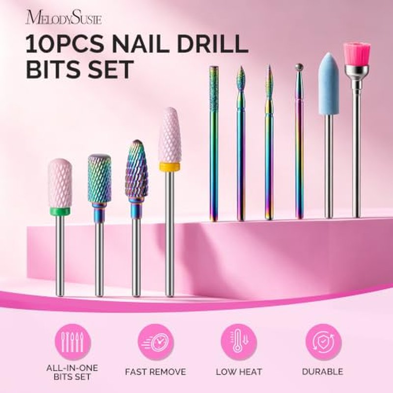 MelodySusie 10Pcs Nail Drill Bits Set - Tungsten & Ceramic Efile for Gel Removal