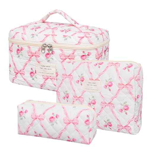 Quilted Makeup Bag,Large Cosmetics Bag Set,Cotton Coquette Floral Make up Pouch,Travel Toiletry Bag for Women