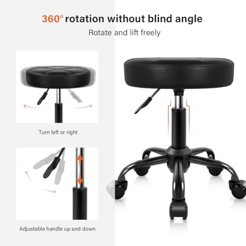 KKTONER Rolling Stool Chair, Height Adjustable PU Leather (Black)