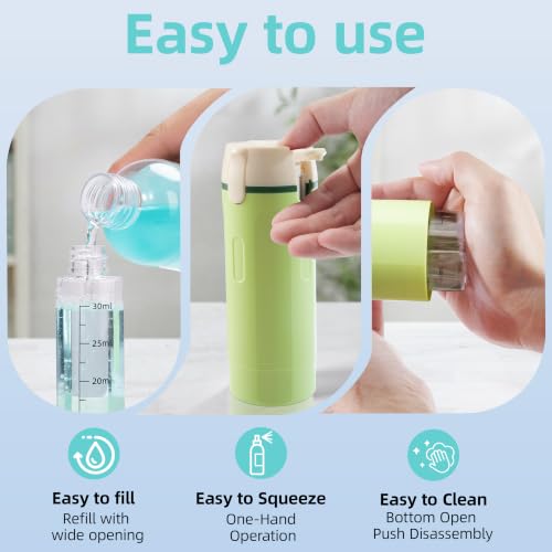 TISOFU 4-in-1 Green Travel Dispenser Bottle, Leak-Proof Refillable Toiletry Container for Shampoo, Conditioner, Shower Gel, Compact & Portable