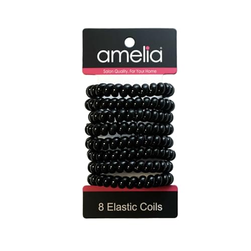 8 Large Smooth Elastic Hair Coils, 2.5in Diameter, Large Size, Black Color, Gentle on Hair, Strong Hold and Minimizes Dents and Creases!