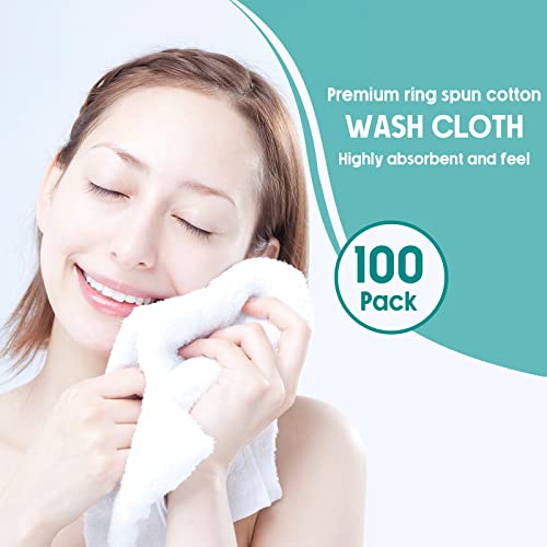 Buryeah 100 Pieces Cotton Washcloths 100% Ring Spun Cotton Wash Cloths Bulk Absorbent and Soft Feel White Towels for Bathroom, Spa, Gym and Face Cleaning (12 x 12 Inches)