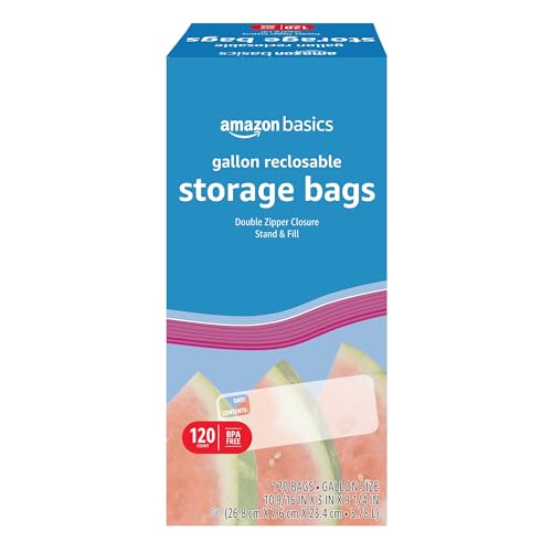 Amazon Basics Gallon Food Storage Bags 120 Count with Double Zipper Seal, Stand & Fill Base