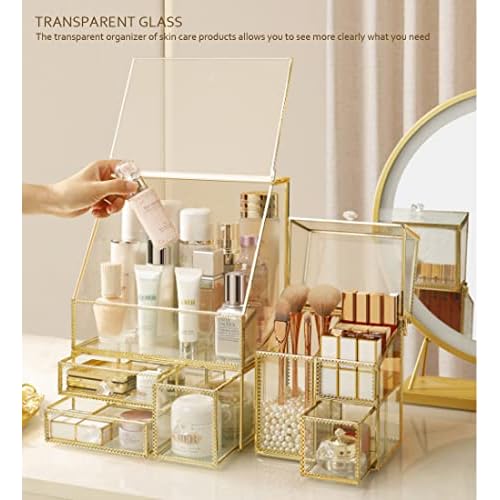 YUEHUA Makeup Organizer Glass Makeup Holder Bathroom Countertop Vanity Cosmetic Organizer for Lipsticks Skincare Toner Storage