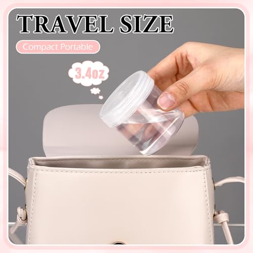 Meanplan 100 Pcs 3.4 oz Plastic Container Jars with Lids Round Leak Proof Refillable Small Cosmetic Jars for Lotion, Cream, Makeup, Eye Shadow, Rhinestone, Samples, Pot, Travel Storage(Clear)