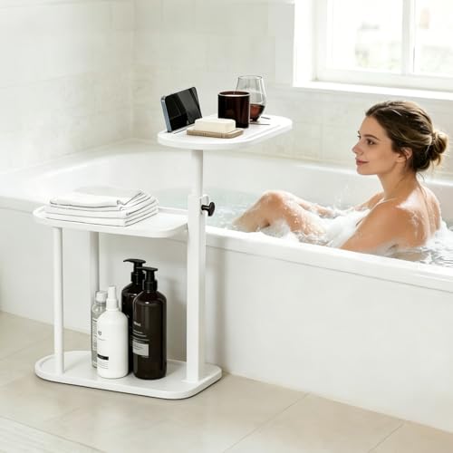 Bamboo Bathtub Tray Table with 3 Storage Layers, Height Adjustable