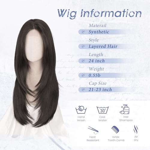 Haloo Brown Wig with Curtain Bangs - 24-Inch Lace Front Synthetic Wig