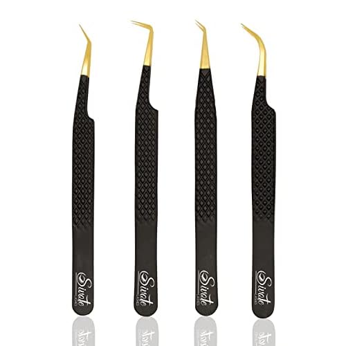 SIVOTE Fiber Tip Lash Tweezers for Eyelash Extensions with Diamond Grip, Black, Set of 4 - Precise Tips Japanese Steel for Classic, Volume & Mega Volume Lashes, Anti-Rust - Ideal for Lash Artists
