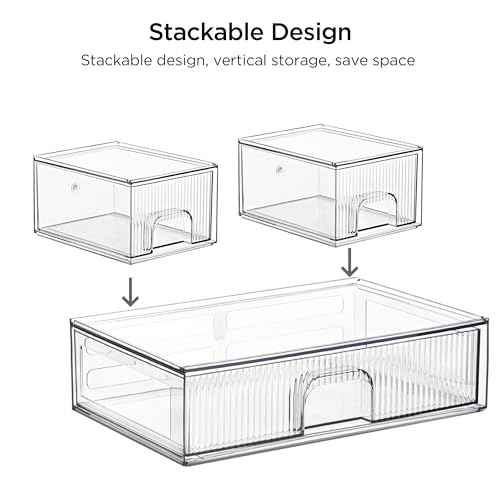 HBlife Stackable Clear Acrylic Storage Drawer Organizer - Set of 3 Makeup and Bathroom Storage Bins - Versatile for Vanity, Undersink, Kitchen, and Office Organization