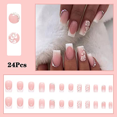 Pale Pink Press on Nails Medium Square Fake Nails with Flower Rhinestone Designs Glossy Full Cover Glue on Nails Acrylic French False Nails Stick on Nails for Women Girls