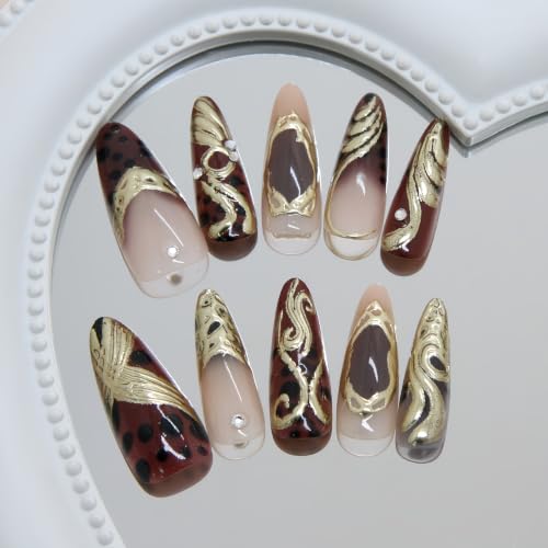 Y2K Gold Line Press-On Nails with Rhinestones & Leopard Print for Women