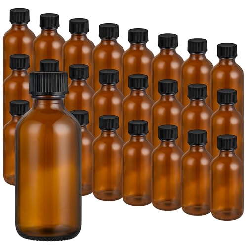 Small Glass Bottles with Lids Boston Round Shot Bottles for Health, Immunity, Ginger Juice, Essential Oils, Potion - Leak Proof Mini Travel Containers (Amber UV, 2oz-24Pack)