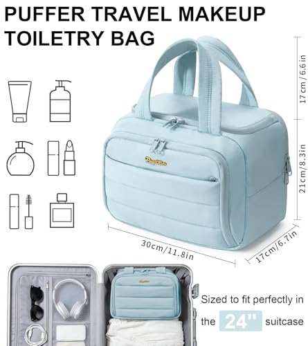 Bagstellar Light Blue Travel Toiletry Bag for Women, Large Waterproof Makeup Organizer