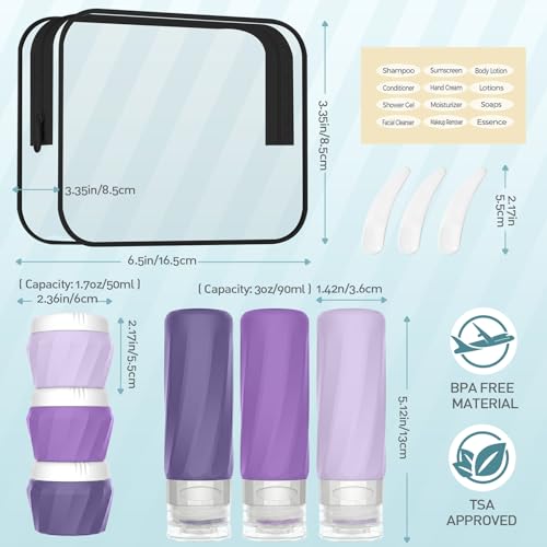 YIIMER Purple Travel Bottles Set 6pcs TSA Approved Silicone Toiletry Containers